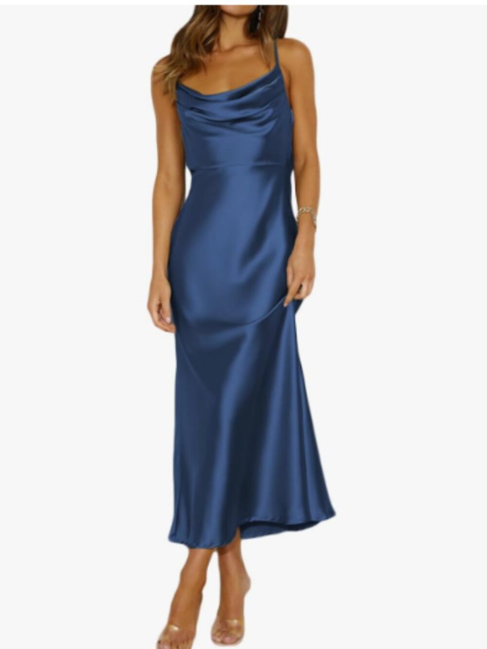 Satin Backless Midi Dress with Cowl Neck Spaghetti Straps Ruched - M - Navy